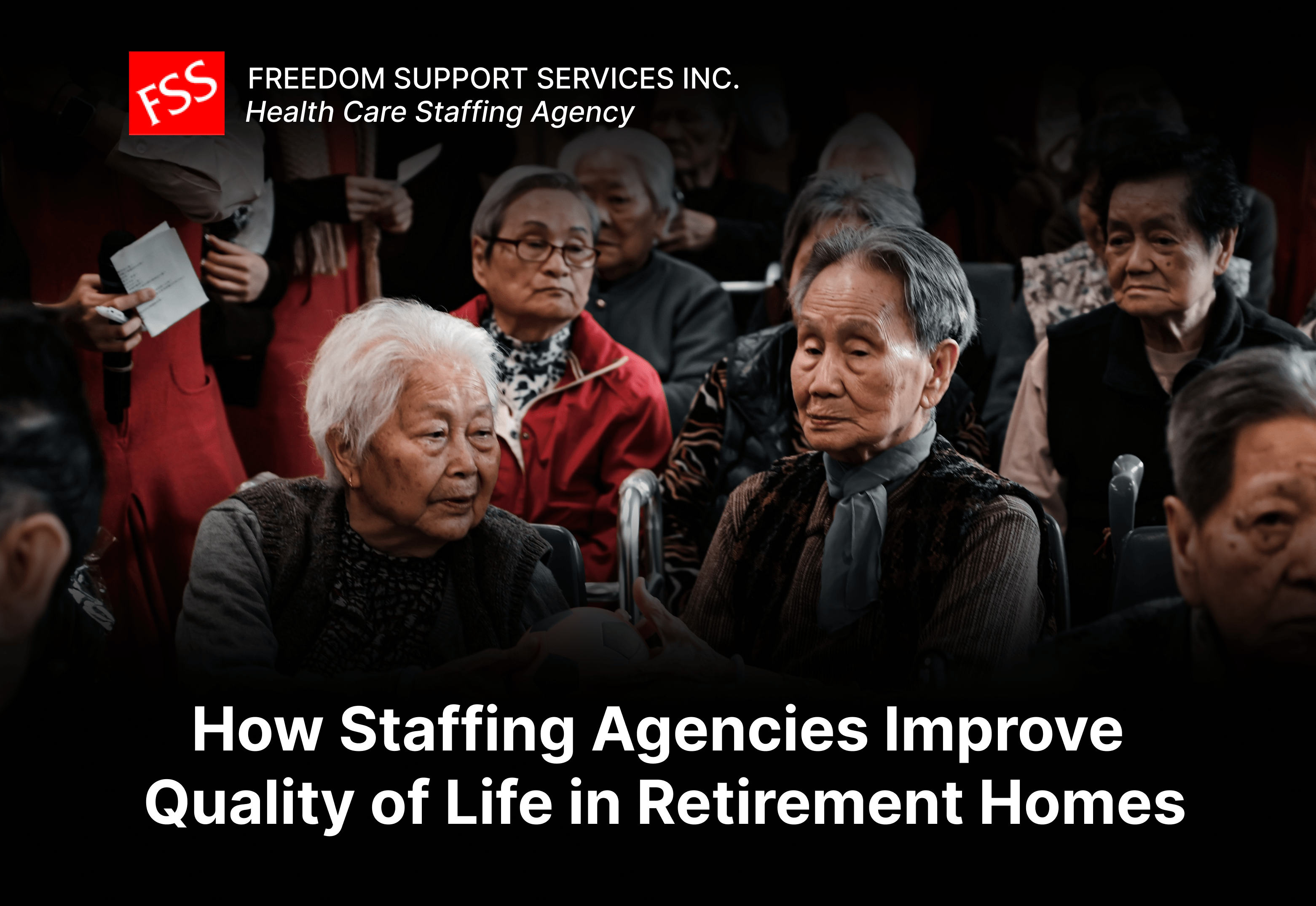 A trained personal support worker helps a smiling senior with daily activities in a retirement home, representing compassionate healthcare staffing services in Ontario.